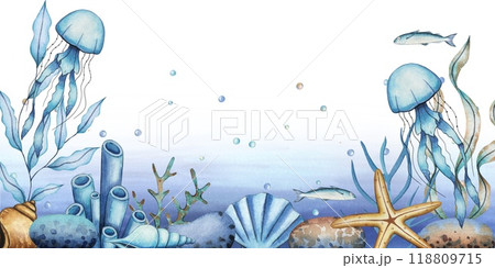 Sea border with a  jellyfish, algae, stones, bubbles, shells. Underwater world. Hand drawn watercolor illustration 118809715