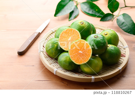 秋の味覚 早生みかん 温州みかん ( 青と黄色がまざりつつある蜜柑 )早生蜜柑 秋の味覚 早生みかん 温州みかん ( 青と黄色がまざりつつある蜜柑 )早生蜜柑 118810267