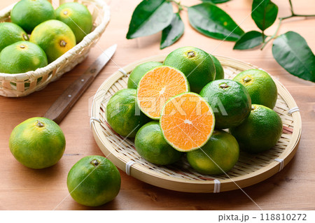 秋の味覚 早生みかん 温州みかん ( 青と黄色がまざりつつある蜜柑 ）早生蜜柑 118810272