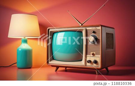 A vintage television with an antenna sits on a table with a lamp next to it 118810336