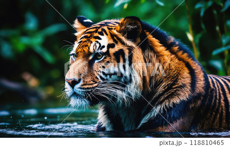 A tiger stands in a river with green foliage in the background 118810465