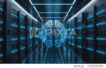 A glowing blue brain hovers in a data center, symbolizing the power of artificial intelligence and the potential for advancement in technology 118810466