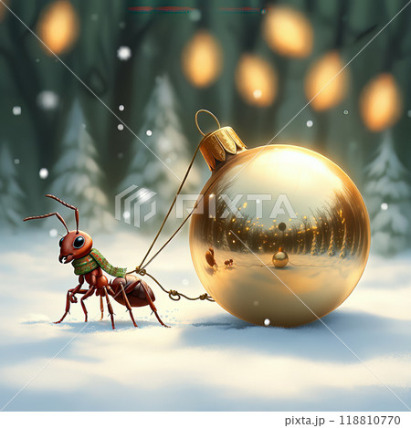Ant Pulling Golden Christmas Ornament Through Snowy Forest Ant Pulling Golden Christmas Ornament Through Snowy Forest 118810770