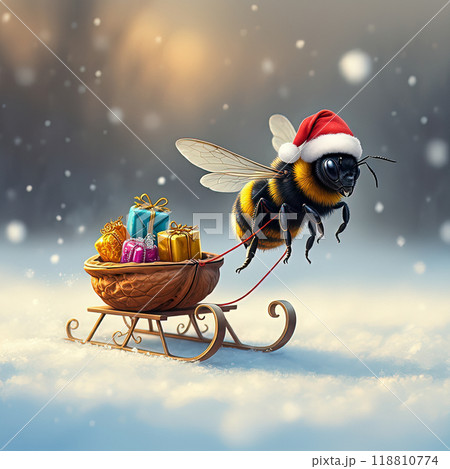 Festive Bee Pulling a Sleigh Full of Christmas Gifts Festive Bee Pulling a Sleigh Full of Christmas Gifts 118810774
