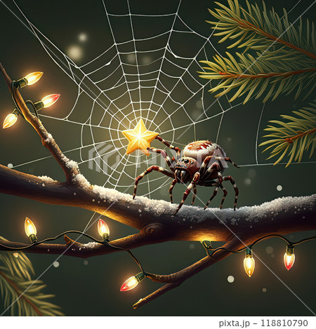 Festive Spider Decorating Web with Christmas Star 118810790