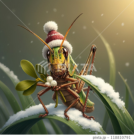 Grasshopper with Mistletoe on Snowy Grass Blade 118810791