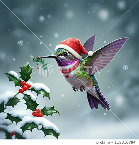 Hummingbird Decorating Snow-Covered Holly with Festive Sprig Hummingbird Decorating Snow-Covered Holly with Festive Sprig 118810794