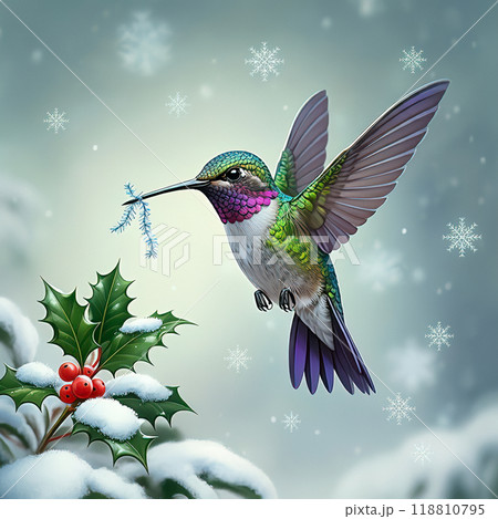 Hummingbird Decorating Snowy Holly with a Festive Sprig Hummingbird Decorating Snowy Holly with a Festive Sprig 118810795