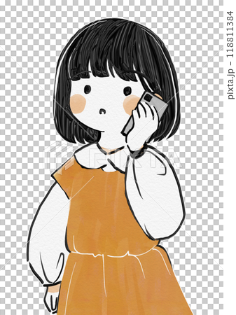 A hand-drawn illustration of a girl having a mysterious phone conversation 118811384