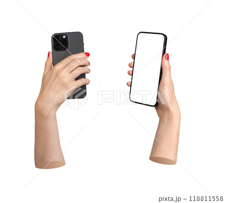 Berlin Germany July 21 2024 Hand holding iphone camera and smartphone screen mockup, isolated on 118811558