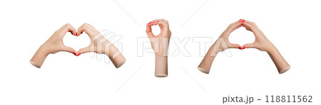 Two hands shaping round, heart, zero, finger signs and gestures isolated on white background 118811562