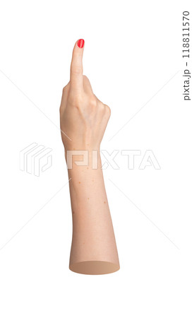 Red nailed hand pointing with the index finger up, showing or indicating a sign. Forefinger gesture 118811570