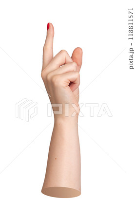 raised index finger with red nails, used for pointing or indicating. Hand gesture for a sign or 118811571
