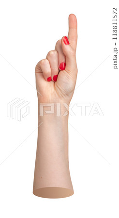 Pointer hand with red nails, the index finger showing upward. Forefinger gesturing and making a sign Pointer hand with red nails, the index finger showing upward. Forefinger gesturing and making a sign 118811572