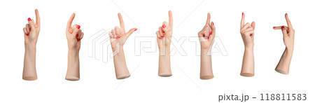 Index finger, red nails, pointing up, hand sign, pointer, forefinger indicating, showing. Isolated Index finger, red nails, pointing up, hand sign, pointer, forefinger indicating, showing. Isolated 118811583
