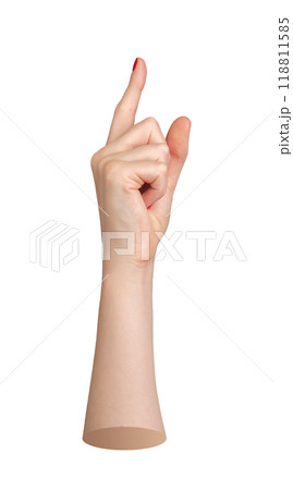 Index finger pointing up, indicating, showing. Pointer with red nails, forefinger advertising, sign, Index finger pointing up, indicating, showing. Pointer with red nails, forefinger advertising, sign, 118811585