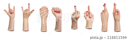 Hands gestures set, finger signs with red nails, isolated on white background 118811594