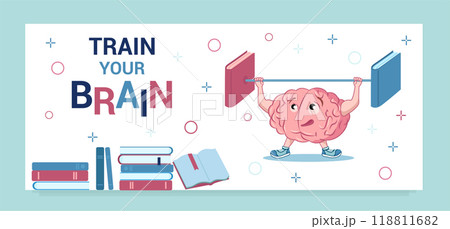 Brain training. The brain lifts a barbell with books. The text - Train your brain. Web banner or landing page vector template. Brain training. The brain lifts a barbell with books. The text - Train your brain. Web banner or landing page vector template. 118811682