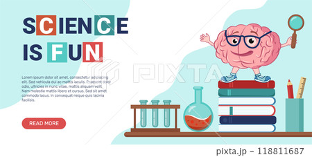 Science is fun. Experiments for children, a scientific club. Cartoon character brain, books, chemical flasks. Vector banner template. Science is fun. Experiments for children, a scientific club. Cartoon character brain, books, chemical flasks. Vector banner template. 118811687
