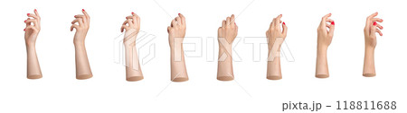 Hand signs, finger gestures pointing, clicking, touching, picking something with neat red manicure, Hand signs, finger gestures pointing, clicking, touching, picking something with neat red manicure, 118811688