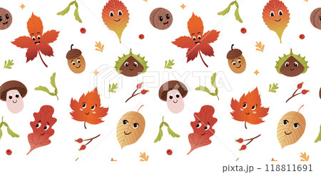Cute autumn characters seamless pattern. Leaves, mushroom, nuts. Funny anthropomorphic faces. Vector colorful illustration background. 118811691