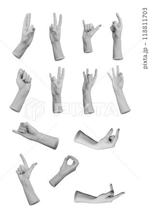 Hand gestures set, various finger signs collection, isolated on white background 118811703