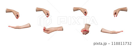 female hands with red painted nails in various poses, including pinching, holding, and open palm 118811732