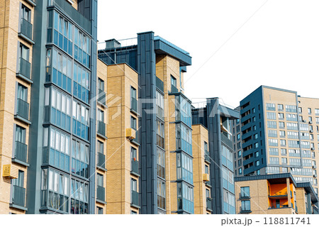Urban living in highrise apartment complex, multi story condos with outdoor views. Modern 118811741