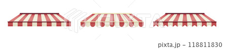 Striped awning for cafe. Striped shop canopy. Store or cafe sunshade awning. Striped awning for cafe. Striped shop canopy. Store or cafe sunshade awning. 118811830