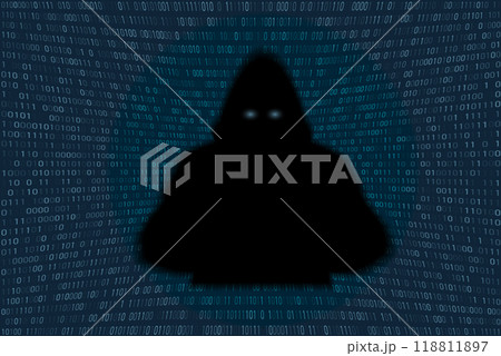 Hacking illustration. Hacker in the hoodie at the laptop Hacking illustration. Hacker in the hoodie at the laptop 118811897