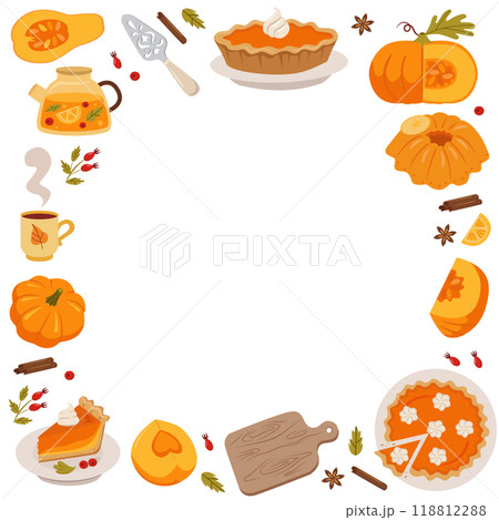 Pumpkin pie square frame. Pumpkin slice, spices, meringues, whole pie, piece of pie, teapot. Set of bright elements for Thanksgiving recipes. Pumpkin pie square frame. Pumpkin slice, spices, meringues, whole pie, piece of pie, teapot. Set of bright elements for Thanksgiving recipes. 118812288