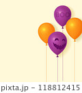 Halloween background with smiling pumpkins, balloons, gift boxes and sweets 118812415