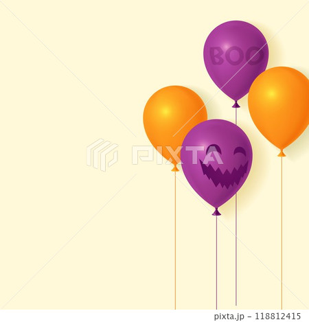 Halloween background with smiling pumpkins, balloons, gift boxes and sweets 118812415