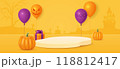 Halloween background with smiling pumpkins, balloons, gift boxes and sweets 118812417