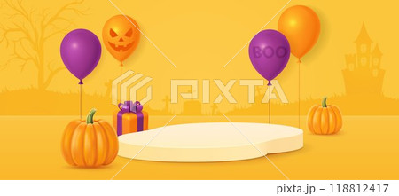 Halloween background with smiling pumpkins, balloons, gift boxes and sweets Halloween background with smiling pumpkins, balloons, gift boxes and sweets 118812417