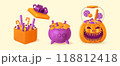 Halloween background with smiling pumpkins, balloons, gift boxes and sweets 118812418