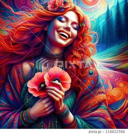 A lively and stunning illustration of a free-spirited woman. 118812568