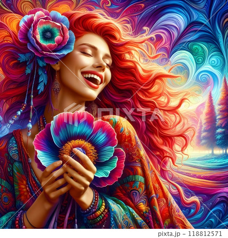 A lively and stunning illustration of a free-spirited woman. 118812571