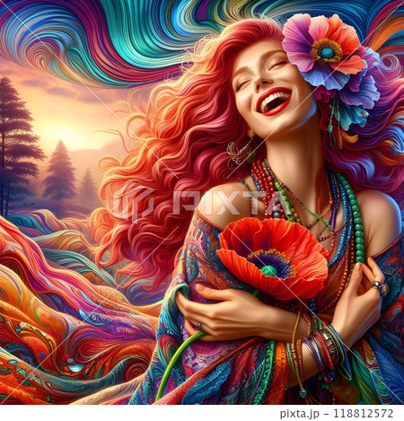 A lively and stunning illustration of a free-spirited woman. A lively and stunning illustration of a free-spirited woman. 118812572