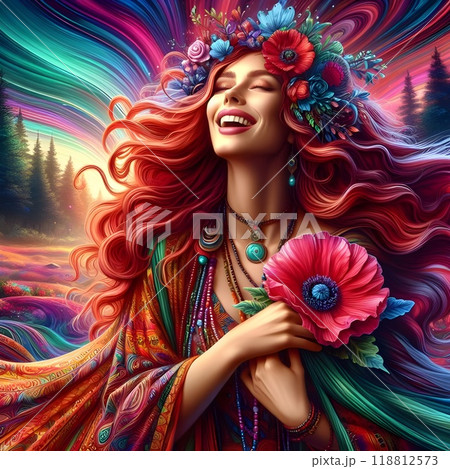 A lively and stunning illustration of a free-spirited woman. 118812573