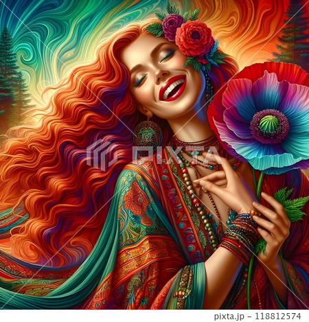 A lively and stunning illustration of a free-spirited woman. 118812574