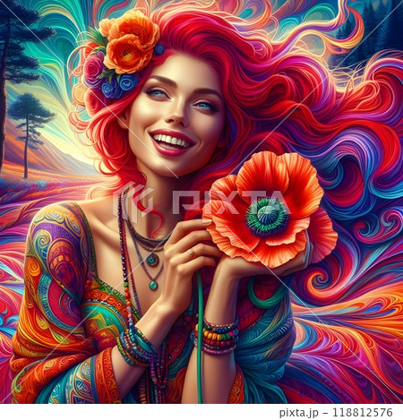 A lively and stunning illustration of a free-spirited woman. 118812576
