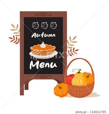 Wooden sidewalk chalkboard menu. Festive autumn decor - wicker basket with pumpkins, leaves. Autumn special menu. Vector illustration. Wooden sidewalk chalkboard menu. Festive autumn decor - wicker basket with pumpkins, leaves. Autumn special menu. Vector illustration. 118812785