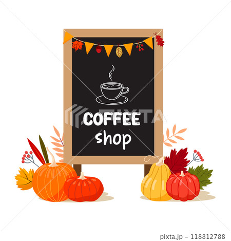 Wooden sidewalk welcome chalkboard menu with festive autumn decor of pumpkins, leaves. Coffee shop banner. Vector illustration. Wooden sidewalk welcome chalkboard menu with festive autumn decor of pumpkins, leaves. Coffee shop banner. Vector illustration. 118812788