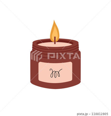 Burning candle in glass jar. Aroma candle in scandi style illustration on white background. Burning candle in glass jar. Aroma candle in scandi style illustration on white background. 118812805