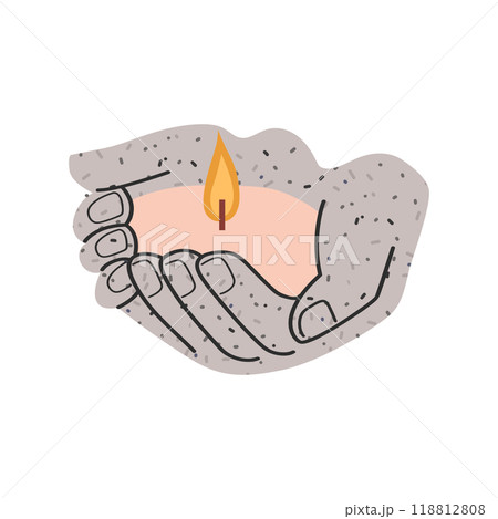Hands hold fire. Candlestick with candle illustration on a white background. 118812808