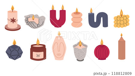A set of trendy candles of various shapes and colors. Aroma candles - collection on white background. A set of trendy candles of various shapes and colors. Aroma candles - collection on white background. 118812809