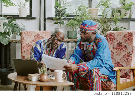 African American coworkers sitting in comfortable armchairs in eco zone of office and reading report together 118813258