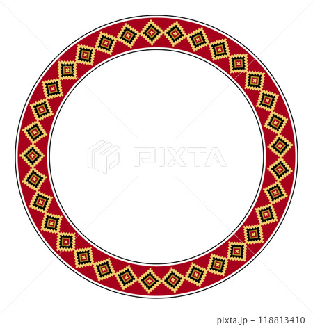 Circle frame with a diamond band motif of an Inca textile pattern. Colorful decorative circular border based on a design of a tunic for men of the Inca Empire. Isolated illustration. Vector. 118813410