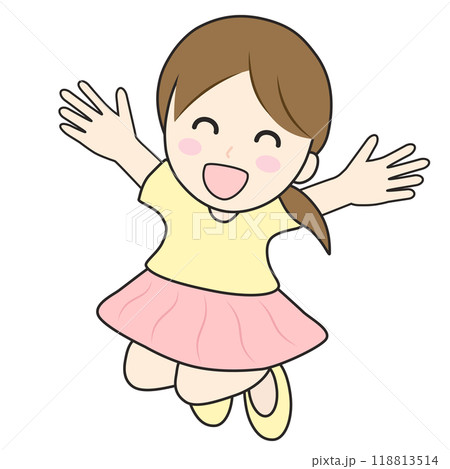 両手を広げて笑顔でジャンプして喜ぶ女の子のイラスト 両手を広げて笑顔でジャンプして喜ぶ女の子のイラスト 118813514